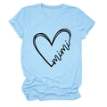 Close-up of light blue round neck T-shirt featuring mimi heart print detail and soft cotton fabric - S / Light Blue