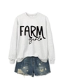 Flat lay of a grey crewneck sweatshirt with FARM girl print and distressed denim shorts - Off-White (Black Font)