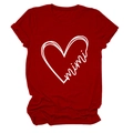 Detail of mimi heart print on dark red crew neck cotton t-shirt with flat lay view - S / Red
