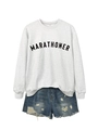 Detail of light gray crewneck sweatshirt with black Marathoner text and denim shorts - Off-White (Black Font)
