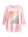 Close-up of ribbed neckline and colorful lettering on pink thick sweatshirt - Pink