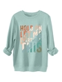 Detail of mint green sweatshirt with retro geometric Hold On Let Me Overthink This print - Light Green