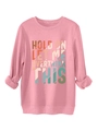 Detail of pink fleece sweatshirt showing retro 'HOLD ON LET ME OVERTHINK THIS' text print - Peach