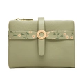 Short faux leather bifold wallet in sage green with daisy strap and gold buckle - Green