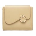 Detail of light beige pebbled leather wallet featuring a golden round metal clasp - Yellow