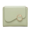 Detail of light green tri-fold wallet featuring lychee texture and golden leaf buckle - Green