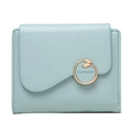 Detail of light blue tri-fold wallet with lychee leather texture and gold leaf buckle - Sky Blue