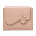 Detail of a pink short fold wallet featuring pebble leather and a gold round buckle - Pink