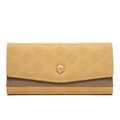 Détail du portefeuille long embossé camélia avec fermoir floral doré en similicuir - Jaune