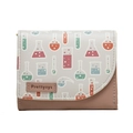 Close-up of laboratory glassware pattern and brand label on trifold wallet - Pink