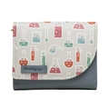 Detailed view of grey tri-fold wallet featuring colorful laboratory glass prints and logo - Sky Blue