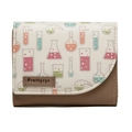 Close-up of Prettyzys trifold wallet featuring science lab print and brown leather texture - Camel