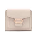 Detail of beige folding wallet showing lychee texture leather and metallic logo - Apricot