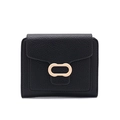 Minimalist black lychee texture PU leather short wallet with oval golden buckle - Black
