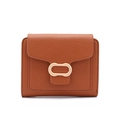 Close-up of brown litchi pattern leather wallet with an oval Prettyzys designer buckle - Red Brown