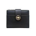 Close-up of black quilted leather wallet with gold hardware and metal snap button - Black