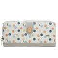 Close-up of the textured polka dot PU leather and gold zipper on long clutch wallet - Gray