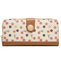 Close-up of beige long wallet featuring colorful polka dots and brown leather clasp - Brown