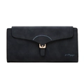Detail of matte dark grey long wallet with envelope flap and golden metal buckle - Black