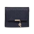 Petit portefeuille femme bleu marine à trois volets avec pendentif feuille dorée - Noir