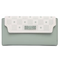 Close-up of Morandi green floral flap wallet with checkered pattern and buckle detail - Green