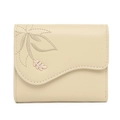 Short PU leather trifold wallet for women with leaf embroidery and metal buckle detail - Yellow