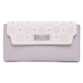 Close-up of lilac floral pattern flap and decorative hollow flower buckle on women's long wallet - Purple