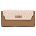 Detail view of long PU wallet featuring floral print flap and decorative bow buckle clasp - Brown