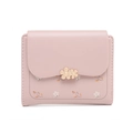 Detail of light pink PU leather short wallet with gold flower clasp and floral prints - Pink