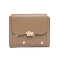 Detail of khaki PU leather short wallet with 3D gold flower buckle and floral prints - Brown