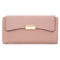 Close-up of pink long wallet with golden Prettyzys logo buckle and fine PU texture - Pink