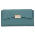 Detailed view of teal long wallet with wavy flap design and gold metal branding logo - Green
