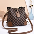 Bolso de mano marrón a cuadros con motivos florales y correa de cuero retro - café