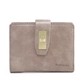 Detail of vintage pink PU leather folding wallet with gold rectangle clasp and logo - Camel