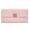 Close-up of light pink long wallet featuring leaf-patterned buckle and golden metal bar - Pink