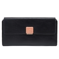 Detailed view of the black textured PU leather wallet featuring a decorative leaf relief clasp - Black