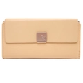 Dettaglio del portafoglio lungo beige in pelle PU con emblema foglia e bordo in metallo oro - Giallo