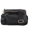 Crossbody black pebble leather bag with gold zippers and adjustable nylon strap - Black