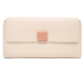 Close-up of beige leather wallet with pink decorative clasp and leaf embossing detail - Apricot