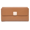 Brown long PU leather wallet for women with leaf engraved buckle and pebble texture - Brown