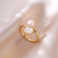 18K gold adjustable open ring with white pearl and shell detail on champagne satin - Shell Artificial Pearl Ring
