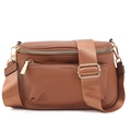 Brown litchi grain PU leather crossbody bag with double zipper and wide strap - Red Brown