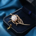 Elegant gold flower brooch with Baroque pearl and cubic zirconia in a blue velvet box - Tulip Flower Brooch