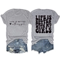 Flat lay of gray T-shirt with 'Life is better' print and distressed denim shorts - Light Grey (Black Font)