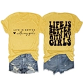 Front and back detail of a yellow Life is Better cotton T-shirt with vintage denim shorts - Yellow (Black Font)