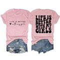 Flat lay detail of pink cotton t-shirt with Life Is Better slogan and ripped denim shorts - Pink (Black Text)