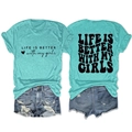 Detail view of mint green t-shirt with Life is Better text and ripped denim shorts set - Deep Water Blue (Black Font)
