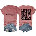 Flat lay of pink t-shirt with Life Is Better With My Girls text and denim shorts - Rose Gold (Black Font)