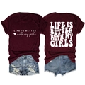 Detail of burgundy T-shirt with 'LIFE IS BETTER WITH MY GIRLS' print and denim shorts - Wine Red (White Font)