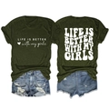 Detail of olive green t-shirt with Life Is Better slogan and distressed denim shorts - Army Green (White Font)